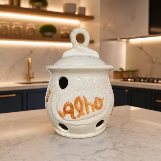 Pote de Alho em Cerâmica Porta Alho Trigo Decorativo com Tampa Organizador de Cozinha Elegante Porta Temperos Rústico