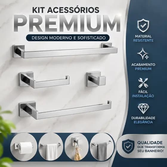 Kit Acessórios Para Banheiro 4 Peças Inox 304 Cromado Para Toalha E Papel Higienico