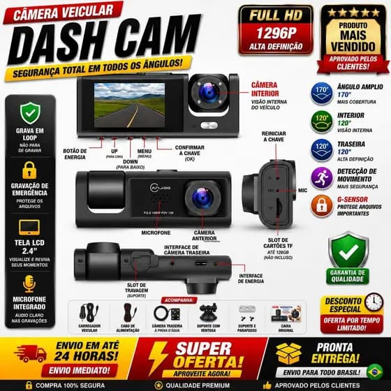 Câmera Veicular Full HD 1080p 3 Lentes (Frontal + Interna + Traseira) com Tela LCD | DVR Automotivo com Visão Noturna