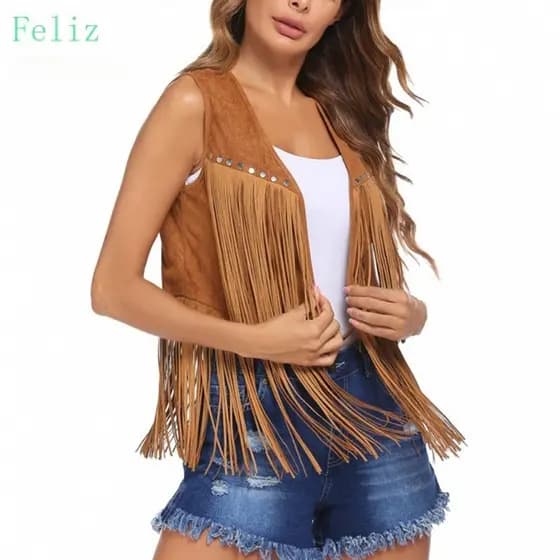 Colete de camurça Longo Tassled com decote em V, cor sólida, decoração com rebites, franjas vintage, estilo streetwear 4