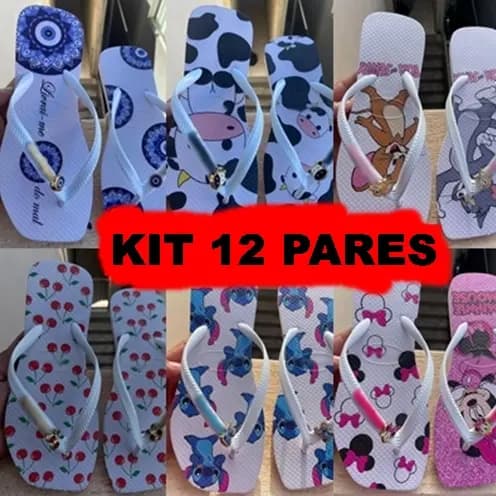 Kit Chinelos Quadrados Moda Verão - 12 Pares