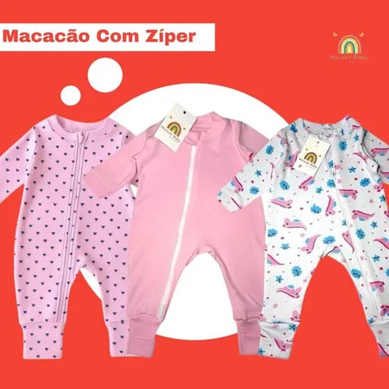 Kit 3 Macacão de Bebe Menina Estampado com Ziper Maryah Baby (0 a 12 meses) (RN/P/M/G/GG)