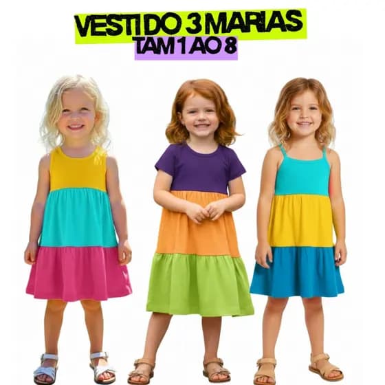 Kit 2 Vestido Infantil Colorido Calor Verão Roupa Infantil Feminina Bebê Vestido 3 Marias 1 ao 8 em Algodão
