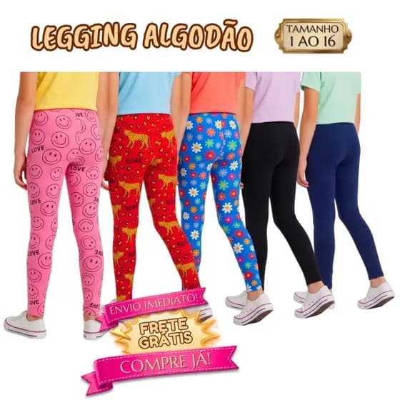 Kit 5 Calça Infantil Legging Feminino Lisa ou Estampada Roupa de Menina Algodão Supllex 1 ao 16 ano com Elastano