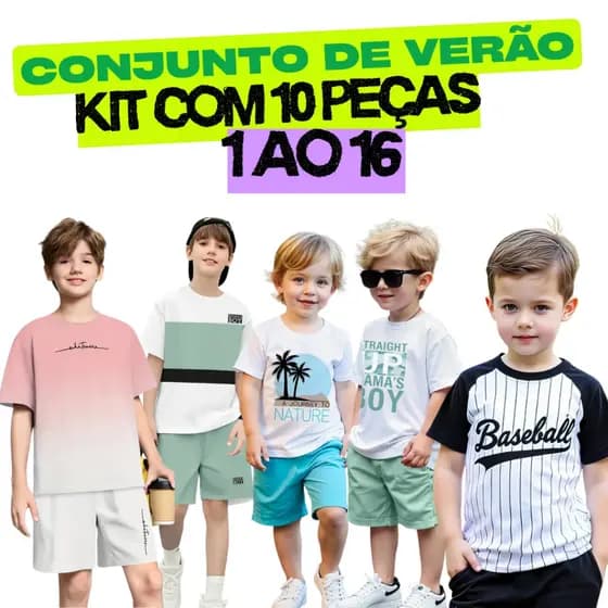 Kit 10 Peças Conjuntos Menino Verão| Roupa Infantil Masculina| 5 Camiseta 5 Bermuda Bebê 1 ao 16 em Algodão