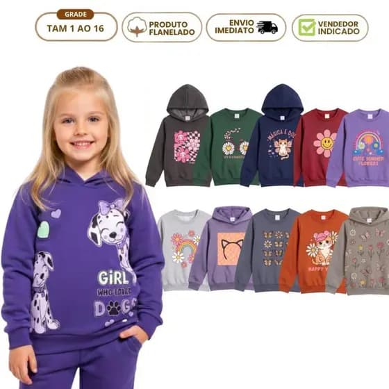 Kit 3 Blusa de Moletom Infantil Feminino Casaco de Frio Menina Agasalho Inverno com Capuz e Sem Flanelada Forrada