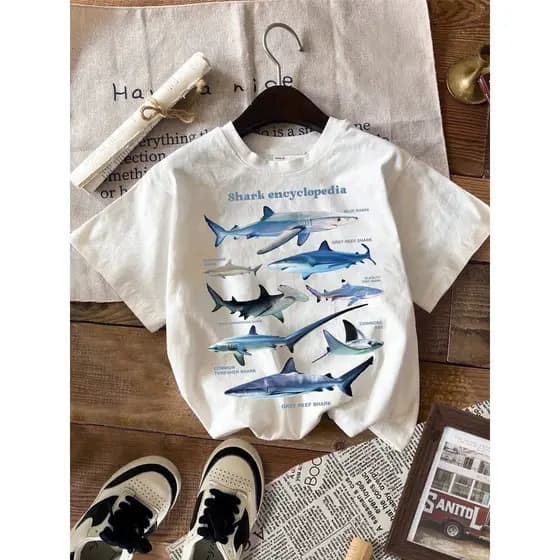 Camiseta casual feminina branca estampada com vida marinha de tubarão