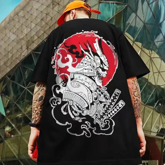 Camiseta de alta qualidade 100% algodão, estampa de samurai em armadura, estilo streetwear retrô, unissex