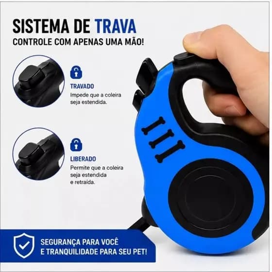 Coleira Guia Retrátil 3 Metros Com Trava Pets Cachorro Gatos