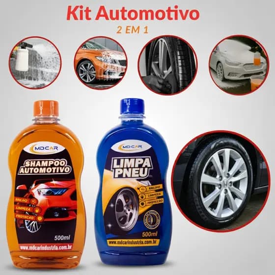 Kit Limpeza Automotiva - 2 em 1 – Shampoo Automotivo + Pretinho 500 ml MDCar Brilho e Proteção Top