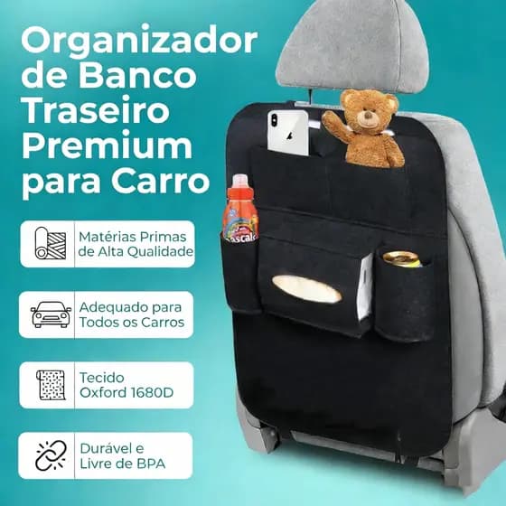 Bolsa organizadora para encosto de banco de carro - uma bolsa dobrável e universal que pode armazenar diversos itens.
