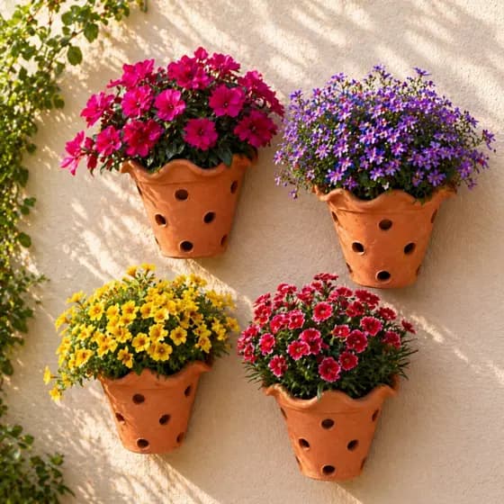 Kit 4 Vasos de Parede Meia Lua com Babado e Furos de Barro para Jardim Quintal Vertical