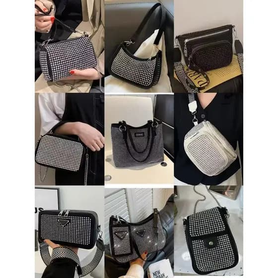 Bolsa transversal feminina, alça de ombro com corrente, strass prateados brilhantes