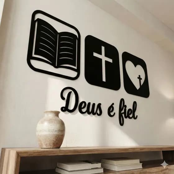 Trio de Quadros Decorativos MDF + Frase Deus é Fiel Preto Fosco