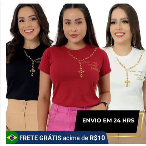 Camisa Feminina Terço Cruz Camiseta T-Shirt Católica Cristã