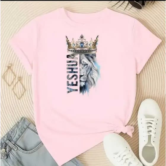 Camiseta Feminina Verão Confortável Cristã Yeshua Leão Jesus Estampada 100% Algodão