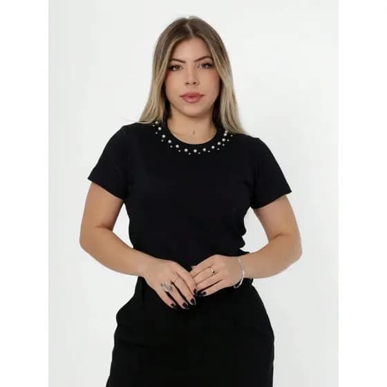 Blusa Feminina T-Shirt 100% de Algodão com Pérolas na Gola Camiseta Casual Confortável Leve