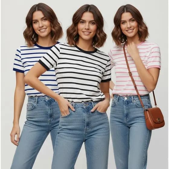 Kit 3 Blusas Femininas Listras Tendência Casual T-Shirt Confortável Várias Cores