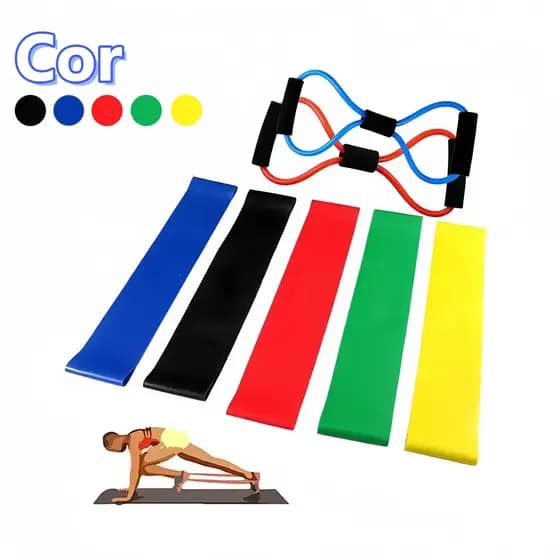 Kit Mini Band 5 Faixas Elásticas + 8 Elásticos | Treino de Tensão Muscular