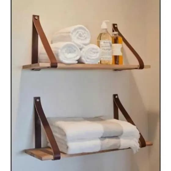 Kit 2 a 6 Prateleiras de Madeira Com Alça de Couro Para Decoração Casa Quarto Luxo Nicho Industrial