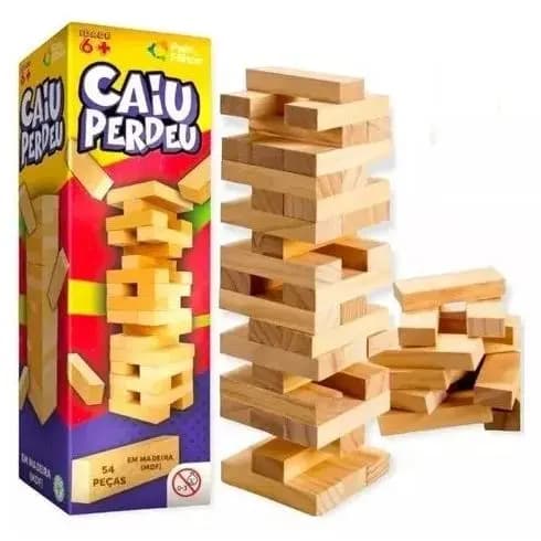Jogo Caiu Perdeu Pais & Filhos de Madeira Jogo da Torre de Madeira 54 Peças Desenvolve Coordenação