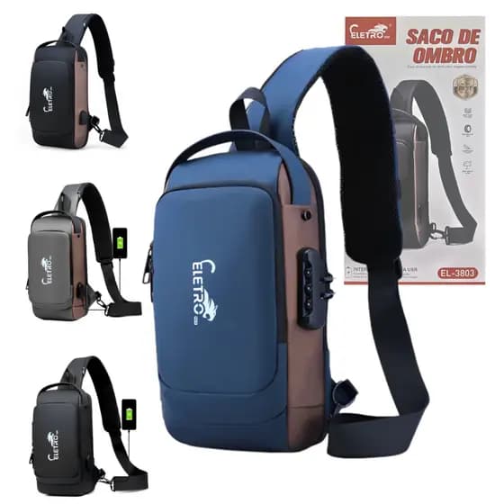Mochila de Ombro Transversal Portátil Viagens com Trava Antifurto Eletromex EL-3803