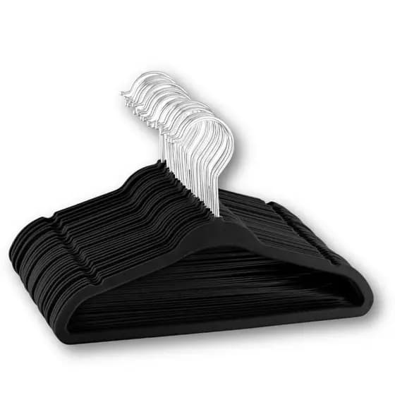 Kit Cabide de Veludo Antideslizante Slim Gancho 360° Preto (3/6/9) Organizador Guarda Roupa