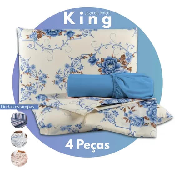 Jogo de Lençol King Size Estampado Premium em Microfibra- 4 Peças - Estampas Sortidas Cama Kit