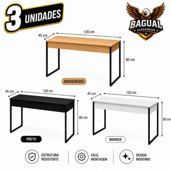 Mesa Escrivaninha 120cm/90cm Para Escritório Computador - Detalhada - Leve - Pés de Alumínio Pintura Eletrostática