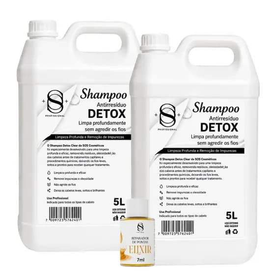 2 GALÕES DE SHAMPOO DETOX ANTIRRESIDUO + ÓLEO REPARADOR DE PONTAS S&O PROFESSIONAL