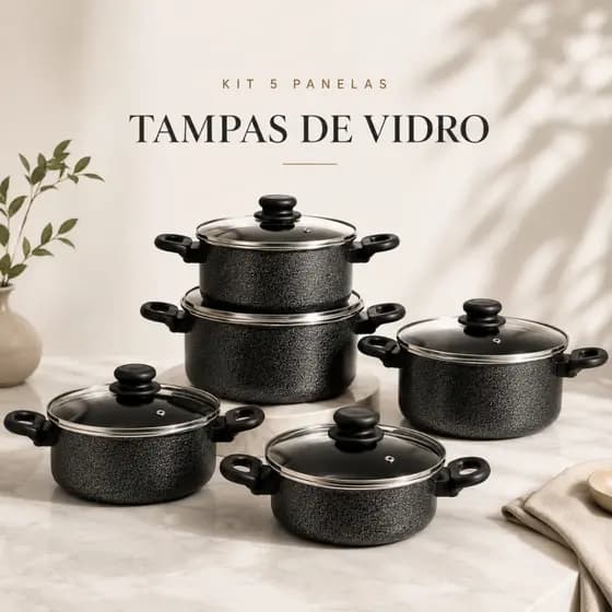 Jogo De Panelas Alumínio 5 Peças Com Tampa De Vidro Antiaderente Conjunto Caçarola Cozinha