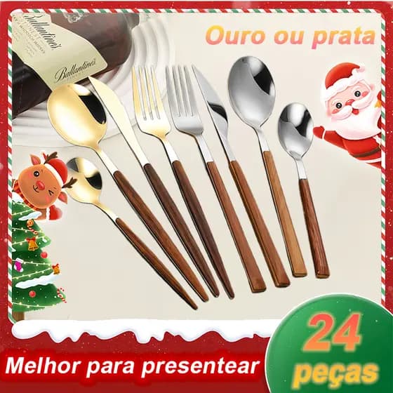 Jogo De Talheres Faqueiro Com 24 Peças Aço Inox, Alças De Madeira Designer Lindo
