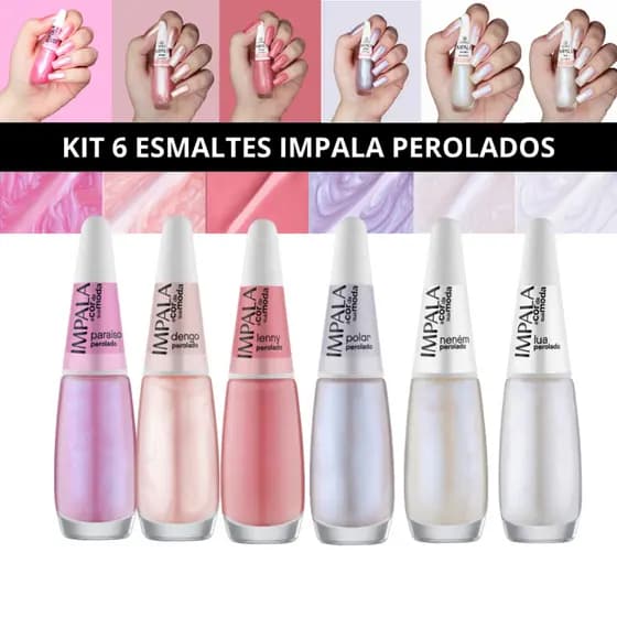 Impala Kit Esmaltes Clássicos Tons Esmalte Perolados Rosa Branco Lilas Cor da Sua Moda