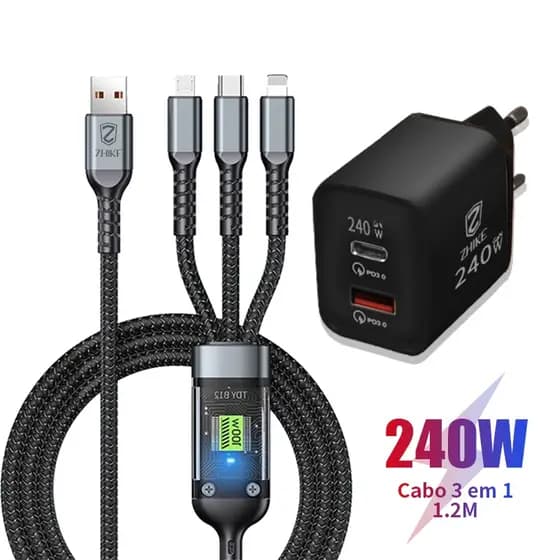 Cabo Carregador Carregamento Rápido 3 em 1 Tipo C Micro USB 1,2 Metros Punk Com GaN Adaptador