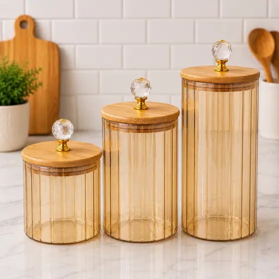 Kit Potes Vidro CANELADO ÂMBAR CRISTAL Porta Mantimentos cozinha Tampa Bambu Cristal PMG porta tempero