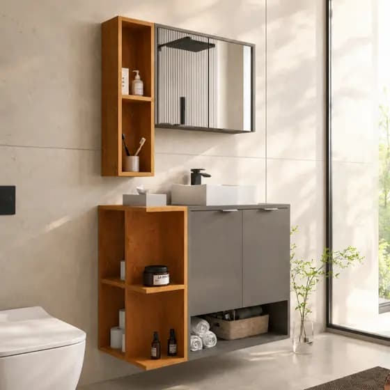 * PROMOÇÃO * Gabinete Banheiro Completo Ibiza com Cuba Elevada, 2 Portas, Armário Espelheira e Nichos Laterais (avulsos)