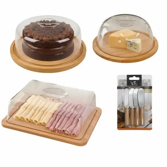 Kit Bambu Café da Manhã 4 itens Boleira, Porta frios, Queijeira e kit 4 espátulas bambu