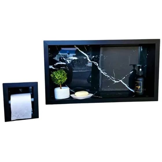 Kit Nicho de Porcelanato 60x30cm + Porta Papel Higiênico com Suporte | Banheiro: PRETO.