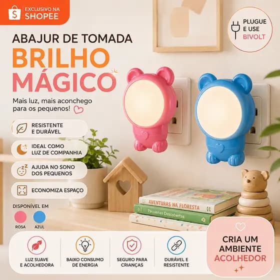 Abajur de Tomada LED Bivolt Luz Branca Noturna Quarto Infantil Urso Azul Rosa Menino Menina