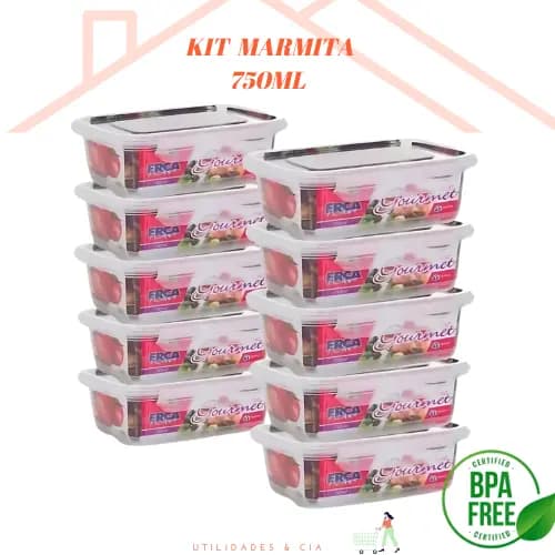 Kit 10 marmitas Fitness pote plástico reutilizável transparente 750ML tampa com trava firme