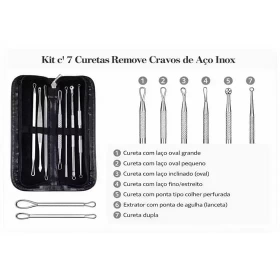 Kit 7 Pcs Extrator De Cravo Espinha Profissional Inox Limpeza de Pele Conjunto de 7 Peças