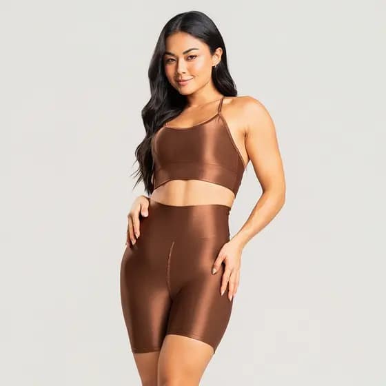 Conjunto Fitness Feminino Canelado –Top+ Short Cós Alto Modelador Brilhoso Premium Academia e Treino