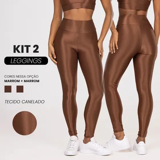 Kit 2 Calças Legging Compressão Fitness Feminina – Trilobal Canelado Brilhoso Cós Alto Modelador