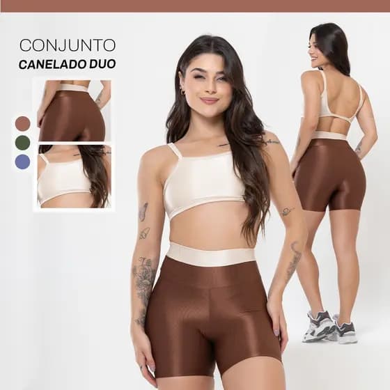 Conjunto Fitness Feminino Trilobal Canelado Brilhoso – Top Costas Abertas + Short Cós Alto Modelador