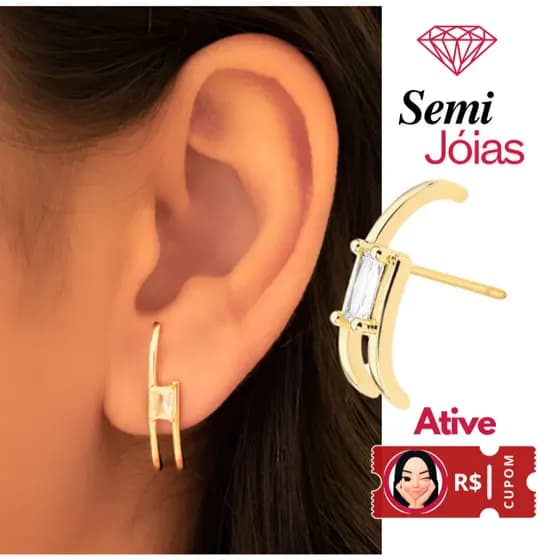 Brinco Ear Hook com Cristal Retangular Banhado a Ouro 18k Semijoia