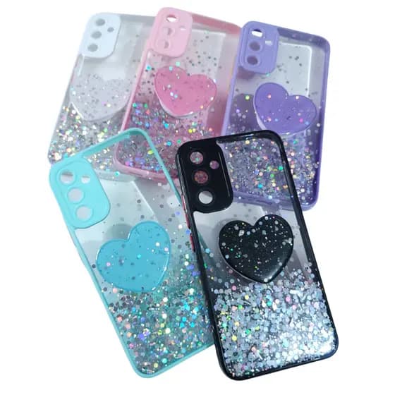 Capa capinha Pop Socket Samsung Galaxy com Coracao Glitter Luxo Feminina Premium