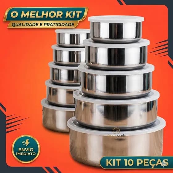 Jogo 5 Potes Tigelas em Inox Alumínio Com Tampa Redondo Grande