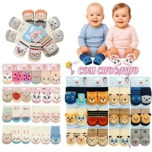 Kit 1 a 5 Pares Meia Infantil 3D com Chocalho de Bichinho Fofinha Bebê 0 a 24 meses Menino e Menina