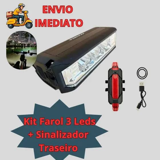 Farol Bike 3 Leds 9.000 Lumens e Lanterna Sinalizador Traseiro Recarregável Usb 4 Modos Ciclismo
