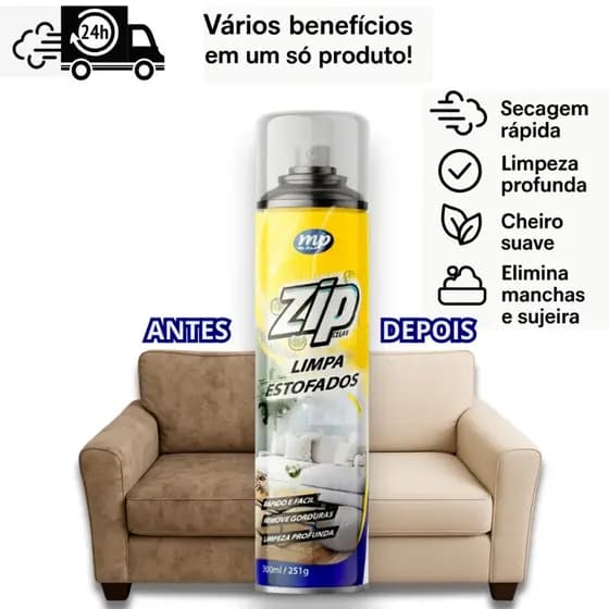 Limpa Estofados Zip Clean 300ml – Espuma Mágica a Seco p/ Sofá, Carro, Colchão Tapete Envio Imediato